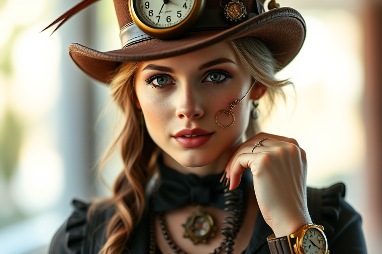 Generate a high-resolution portrait of a woman in a steampunk outfit, wearing a brown hat with a clock, intricate accessories including pocket watches, soft natural lighting, shallow depth of field, 85mm lens, f/1.8 aperture, ISO 100, with a 4:5 aspect ratio.