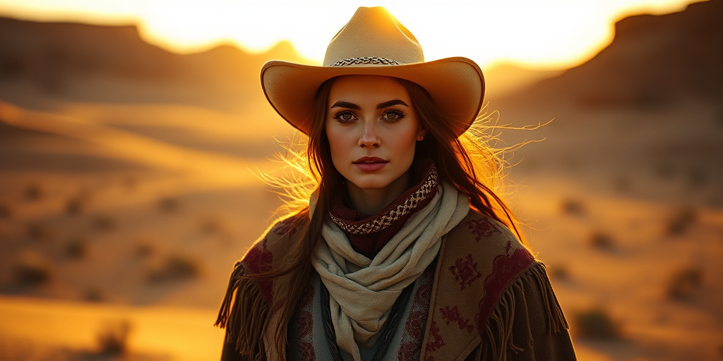Dramatic photo of a beautiful Sami woman, classic cowboy attire, confident and free spirit expression, half-length portrait, centered, golden hour desert landscape, warm, diffused light, low angle, medium format film camera, in style of Annie Leibovitz.