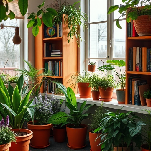 regenerate a vibrant indoor garden scene with lush greenery and a cozy bookshelf, incorporating various plant species in terracotta pots, with natural light filtering through a large window, shot with a Canon EOS R5, 35mm lens, aperture f/2.8, ISO 100, in soft focus style, with warm color grading.