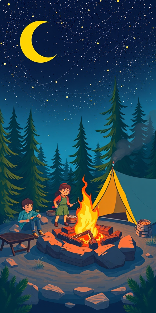 create a vibrant campsite scene with two characters cooking over a campfire, surrounded by pine trees and a tent, under a crescent moon and starry night sky, use a wide-angle lens at f/8 aperture, ISO 100, 1/125 sec shutter speed, bright color palette, vector art style, digital illustration
