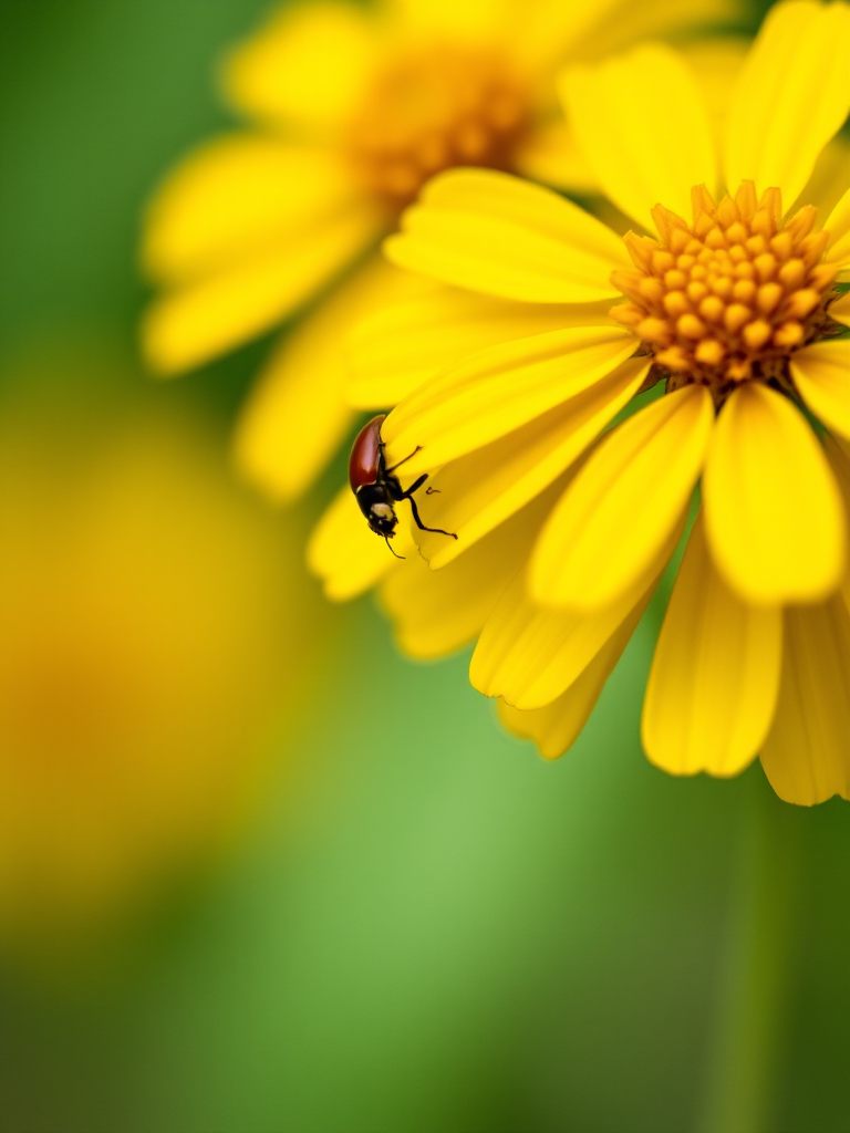 macro shot of a ladybug on vibrant yellow flowers with a softly blurred background, ISO 100, aperture f/2.8, shutter speed 1/200s, lens 100mm, DSLR camera, natural daylight, shallow depth of field