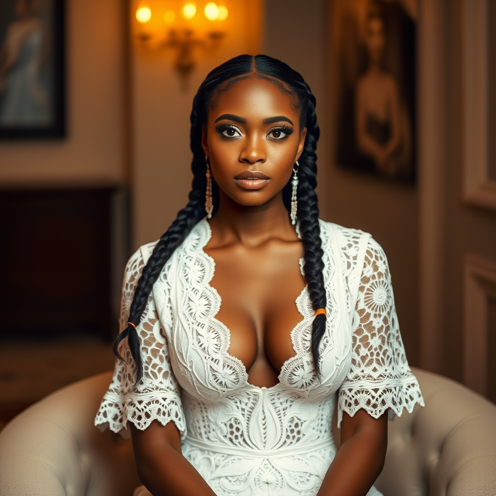 Create a portrait of a refined and elegant Fijian woman seated in a sophisticated setting. She has long, wavy hair styled in two thick braids that are pulled over her shoulders. She wears a white, lace gown with intricate patterns, featuring a deep V-neckline and short sleeves. The dress exudes a vintage charm with its delicate lacework. She is adorned with ornate, dangling earrings that add a touch of glamour to her appearance. The background is softly lit, with warm, ambient lighting that creates a cozy and inviting atmosphere. Her expression is poised and serene, capturing a sense of grace and elegance.
