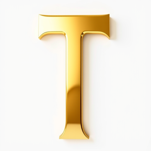 Create a high-resolution image of a large, shiny gold letter "T" with reflective highlights against a white background, using a DSLR camera with a 50mm lens, aperture set to f/1.8, ISO 100, and a soft focus to enhance the overall quality and depth.