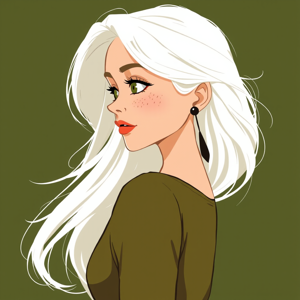 create a side profile illustration of a woman with long white hair, wearing an olive green top and a dark earring, set against a solid dark green background, with freckles on her cheeks and a confident expression