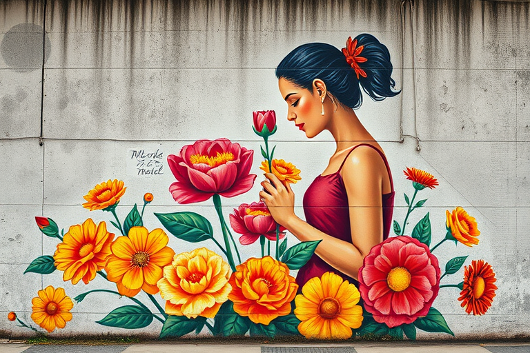 Create a vibrant mural on a textured concrete wall depicting two women interacting with flowers, using a Canon EOS R5, 24mm lens, f/4, ISO 100, 1/125 sec, with a wide-angle perspective to capture details and colors vividly.