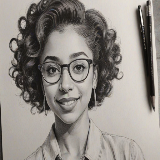 Stunning Liza Koshy, pencil sketch, portrait of Beauteous woman 1954s in glasses, hair style beatnik, outline, clear lines, fine lines, 8k