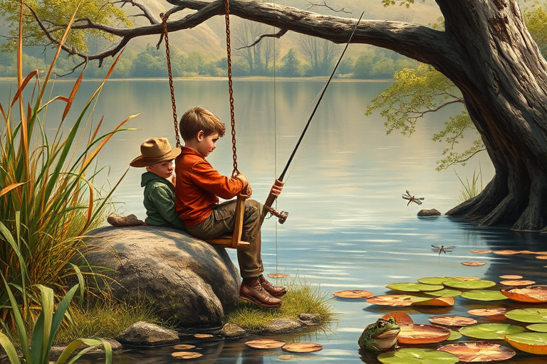 Imagine a small group of old fashioned young boys out fishing by the creek, a swing hanging from a tree branch, reeds and grasses by the water's edge, a frog sitting on a lily pad, dragonflies hovering over som water plans, a very iconic old fashioned scene reminiscent of a Norman Rockwell painting style