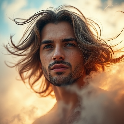 Create an ethereal portrait of a man with flowing hair surrounded by luminous swirling mist and soft light, captured from a low angle, using a DSLR camera with a 50mm f/1.8 lens, ISO 100, and a shutter speed of 1/200 second to enhance image quality.