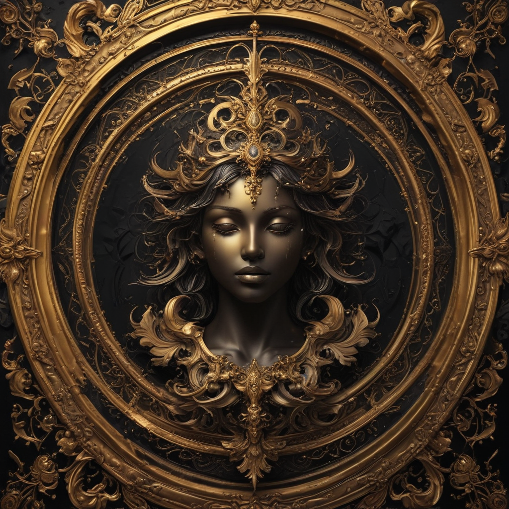Intricate Golden Framed Portrait of a Regal Woman with Ornate Details