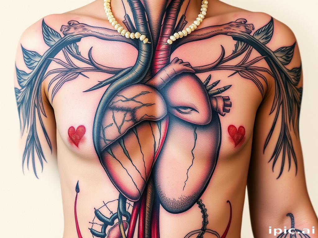 Anatomical tattoo dubbed "Dissected Beauty" portraying highly detailed and scientifically accurate representations of human anatomy with a blend of realistic and stylized elements