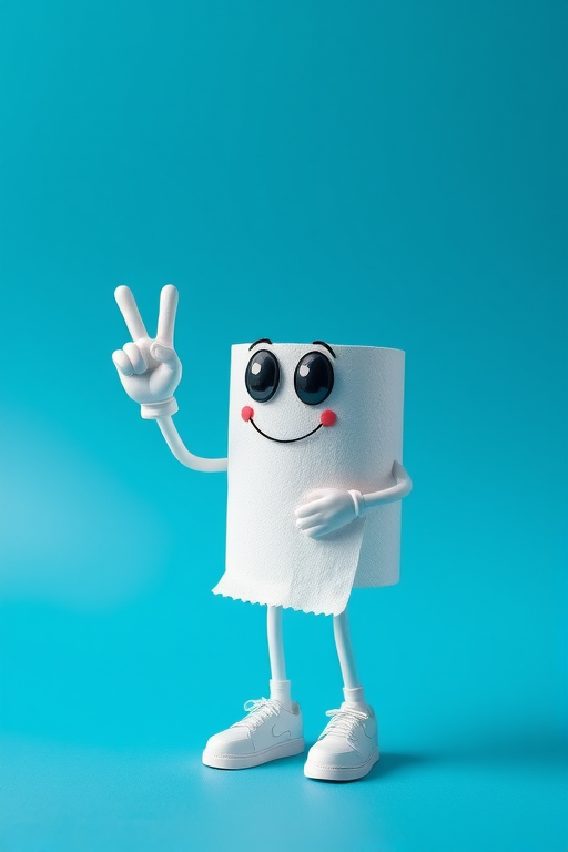 create a cartoon character of a toilet paper roll with arms and legs, expressive eyes, and wearing white shoes, holding up two fingers to signal 'stop', set against a smooth blue gradient background, using a DSLR camera with a 50mm lens, aperture f/2.8, ISO 100, and natural lighting for enhanced clarity and detail