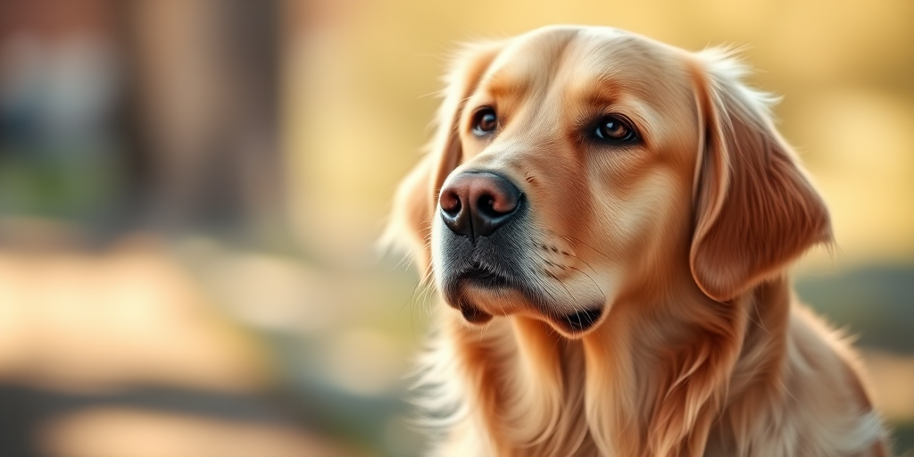 Golden Retriever portrait in soft natural light with a blurred background, ISO 200, f/2.8, 1/100s, 85mm lens, shallow depth of field, DSLR camera.