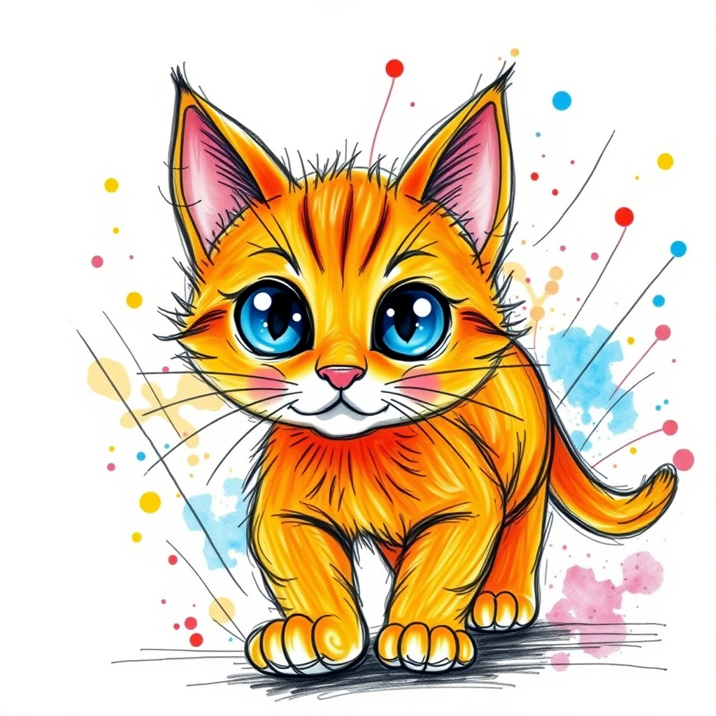 A vibrant childs coloured pencil drawn illustration of a bright orange cat with large, expressive blue eyes, a very cute style. The cat appears to be walking towards the viewer, surrounded by an abstract splash of colors and fine black lines, giving the image a dynamic and artistic flair. The background is a soft beige, highlighting the cat's vivid coloration and playful demeanor. Naively drawn scratchy line style.