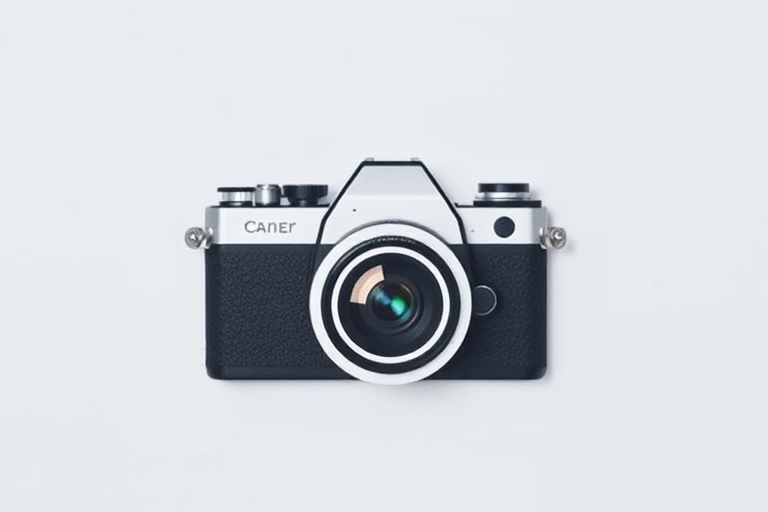 Capture a high-resolution image of a minimalist camera icon on a light gray background, using a DSLR camera, with a 50mm lens, aperture f/2.8, ISO 100, and natural lighting for enhanced clarity and detail.