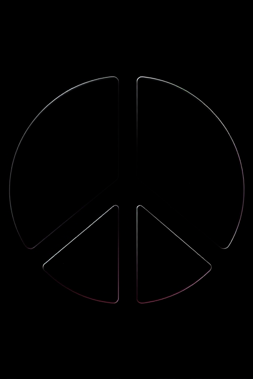 Create a high-resolution image of a peace symbol with a solid black background, using a DSLR camera with a 50mm lens, aperture set to f/2.8, ISO 100, and a focal length of 50mm, capturing a straight-on view with dramatic lighting to enhance the contrast.