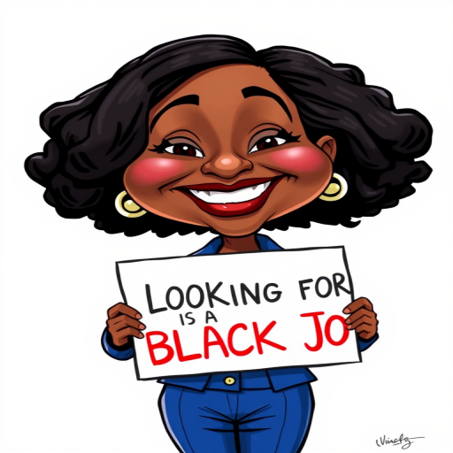 CARICATURE OF A SMILING KAMALA HARRIS IN A BLUE PANTSUIT, HOLDING UP A SIGN THAT READS "LOOKING FOR A BLACK JOB