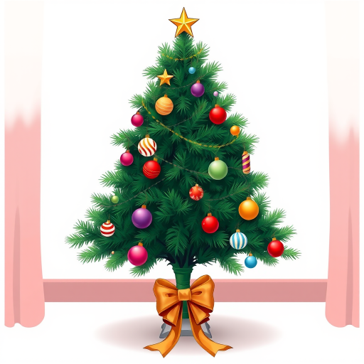 Illustration of a decorated Christmas tree with ornaments and a bow at the base, captured with a DSLR camera, 50mm lens, f/2.8 aperture, ISO 100, soft natural lighting for enhanced clarity and detail.