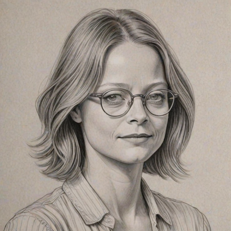 Elegant Jodie Foster, pencil sketch, portrait of Exquisite woman 1922s in glasses, hair style beatnik, outline, clear lines, fine lines, 8k