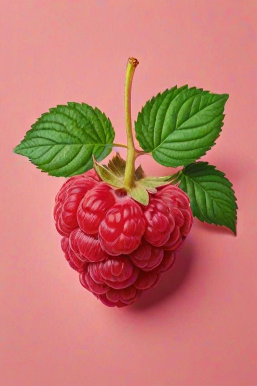 Generate a digital illustration of a raspberry with green leaves on top, set against a solid pink background.