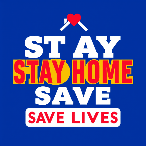 Create a vibrant, high-resolution graphic featuring the text "STAY HOME SAVE LIVES" in bold, modern typography, with an icon of a house and a heart above it, using a deep blue background, captured in a digital format with a Canon EOS R5, 50mm lens, f/2.8 aperture, and optimal lighting for clarity and color contrast.