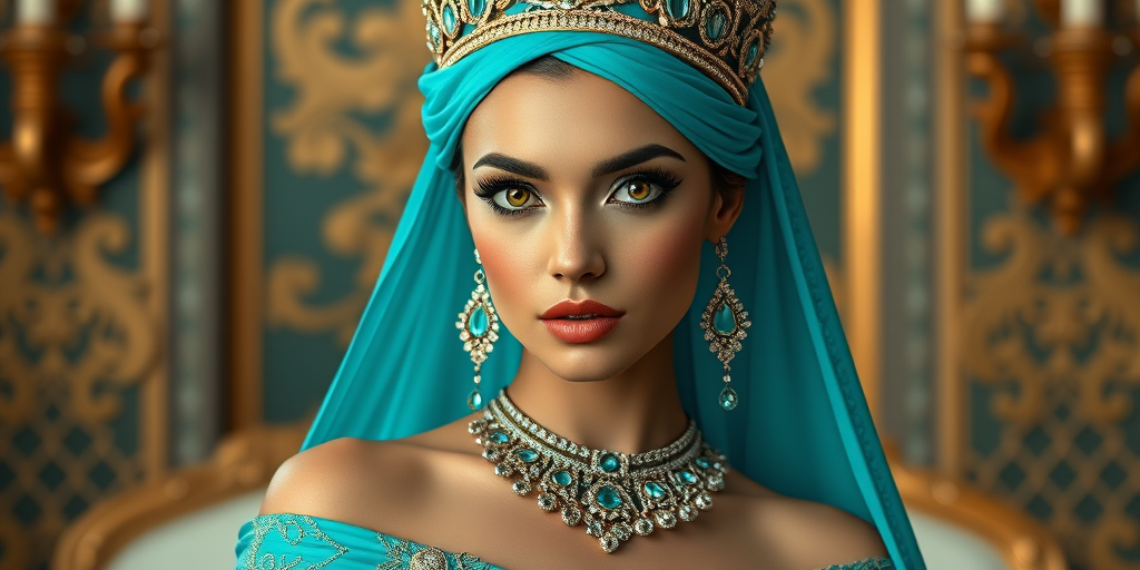 A gorgeous Coptic woman in a luxurious cyan gown, accessorized with a dazzling tiara and statement earrings, her deep Yellow eyes highlighted by impeccable makeup, poised in a royal setting, photorealistic, 8K quality