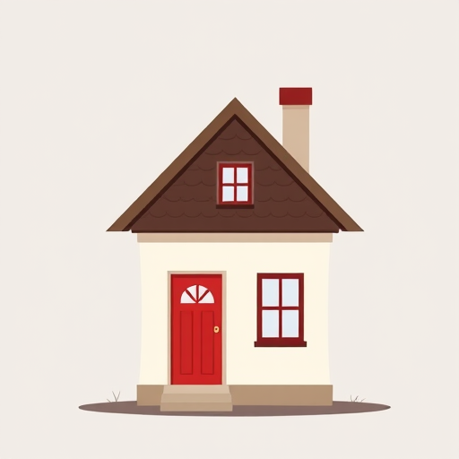 Generate a simple vector illustration of a house with a red door and a chimney, set against a plain background, using a Canon EOS 90D with a 50mm lens, aperture f/8, ISO 200, and a symmetrical front view for clarity and depth.