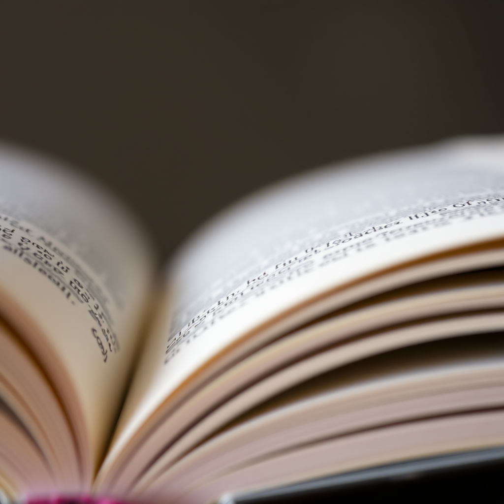 Close-up of an open book with pages visible, shallow depth of field to blur background bokeh, captured with a DSLR camera, 50mm lens, f/1.8 aperture, ISO 200, 1/250s shutter speed.