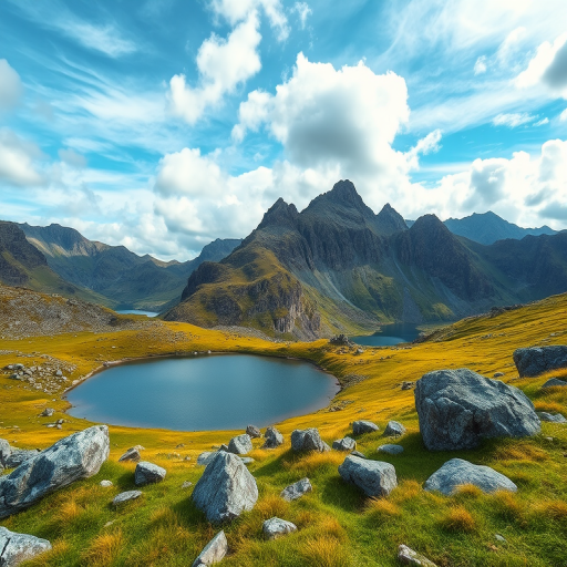landscape of a mountain range with a serene lake surrounded by rocks and vibrant green grass under a partly cloudy sky, shot with a DSLR camera at f/8 aperture, ISO 200, 24mm lens, in HDR style, landscape view with a wide-angle perspective.