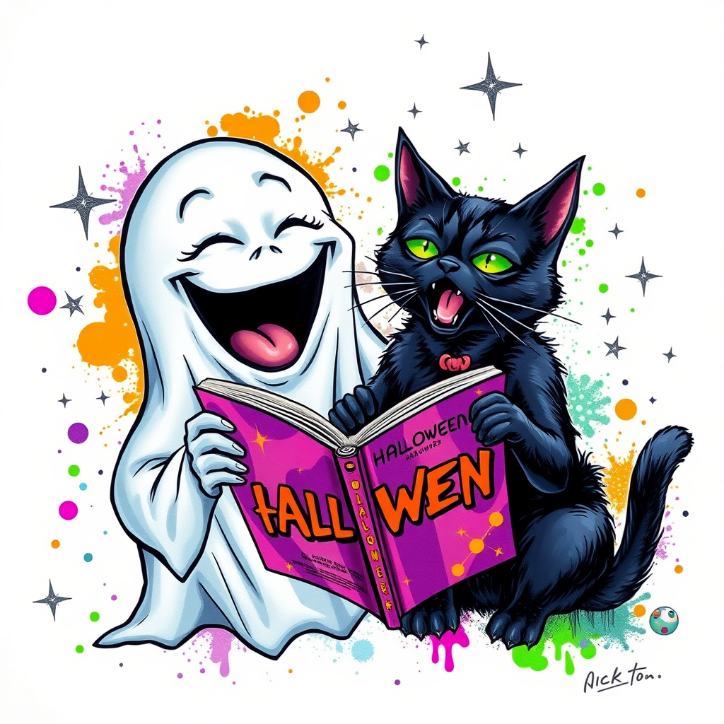 Image of a ghost and a black cat laughing exaggeratedly , and reading a comic halloween comic book, alcohol ink airbrush style, funny halloween theme, white background with neon purple, neon orange, neon green splash, black sparkles stars , dazzling BG