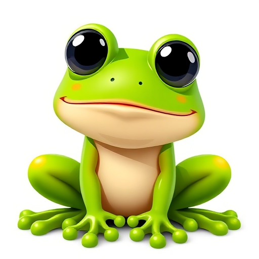 create an adorable cartoon frog character with large round eyes and a vibrant green color, set against a simple white background, using a Canon EOS R5 with a 50mm lens, aperture f/4, ISO 100, and 1/200 shutter speed for enhanced sharpness and color vibrancy.