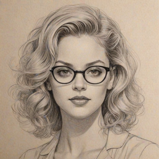 Fascinating Gage Golightly, pencil sketch, portrait of Exquisite woman 1934s in glasses, hair style beatnik, outline, clear lines, fine lines, 8k