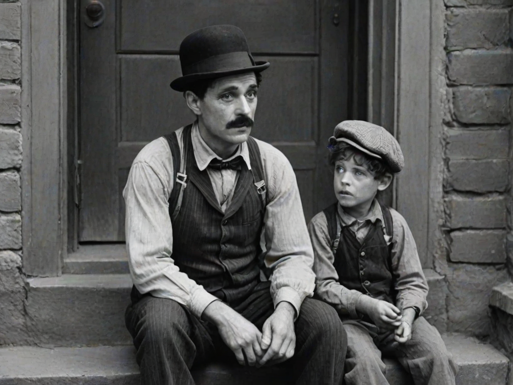 A black-and-white photograph of a man and a child sitting on steps in front of a doorway. The man is dressed as a tramp with a bowler hat, mustache, and ragged clothes, reminiscent of Charlie Chaplin's iconic look. He is sitting with his arms crossed and an expression of slight sadness or frustration. Next to him is a young boy, also in worn clothes and a cap, sitting with his hands clasped, looking thoughtful. The background is an old, textured wall and a partially open door, creating a vintage, early 20th-century atmosphere.