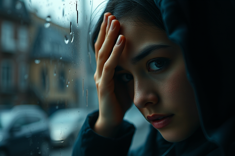 Create a close-up image of a person with their hand on their forehead, viewed through a rain-drenched window, using a 50mm lens, f/1.8 aperture, ISO 200, with low natural light to enhance detail and create a moody atmosphere.