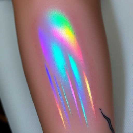 Holographic tattoo named "Prismatic Illusion" showcasing iridescent colors and shimmering effects that appear to change and shift with movement and lighting
