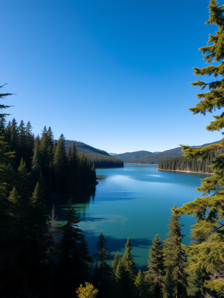 Generate a high-resolution image of a serene landscape featuring a tranquil lake surrounded by lush forests under a clear blue sky, captured with a DSLR camera at f/8 aperture, 1/250 shutter speed, ISO 100, 24mm lens, wide-angle view.