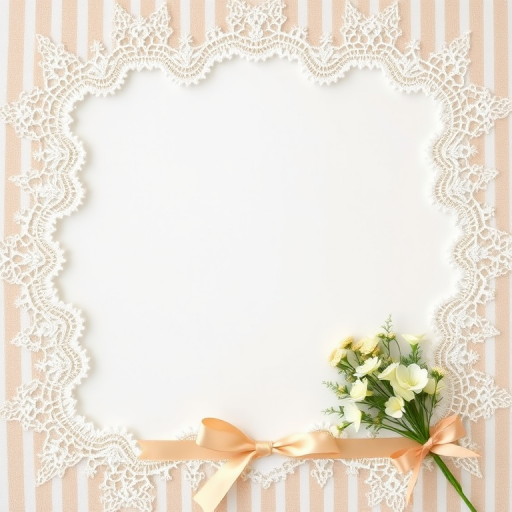 Create a high-resolution wedding card background featuring a blank white space in the center, framed by delicate lace and soft beige stripes, adorned with a subtle floral decoration and a ribbon, using a DSLR camera, 50mm lens, f/2.8 aperture, ISO 100, natural lighting.