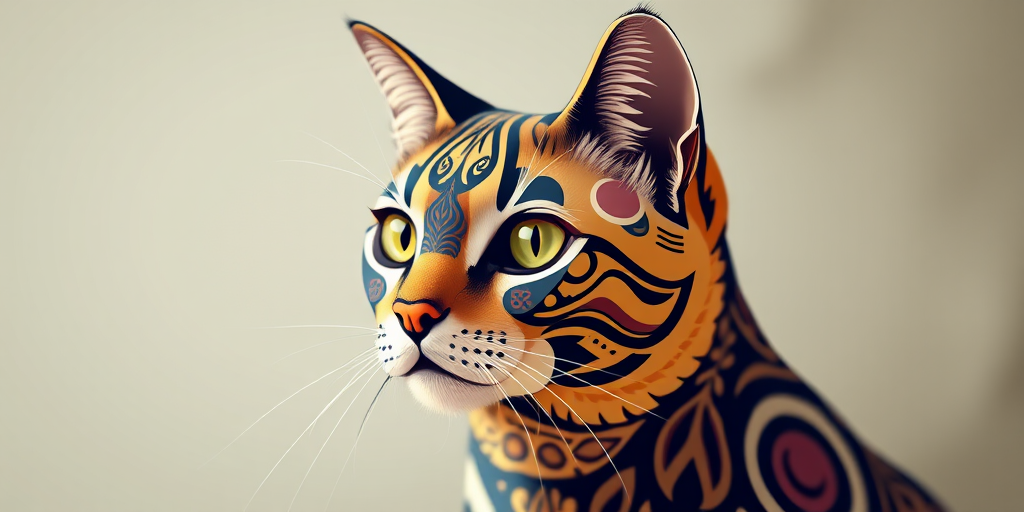 Create an illustration of a stylized cat with intricate patterns, using a Canon EOS R5, 50mm lens, f/1.8 aperture, and 1/200 sec shutter speed, with a soft-focus background to enhance the subject's detail and vibrancy.