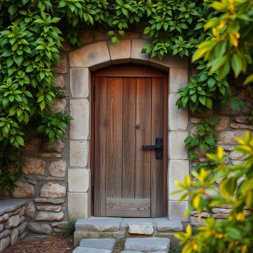 Regenerate an image of an ancient stone wall with a rustic wooden door framed by lush green foliage, capturing the textures of the stones and the intricate details of the wood, at sunset with soft natural light, using a DSLR camera with a 35mm lens, aperture set to f/4, ISO 200, and a shutter speed of 1/60 sec, in a portrait orientation to emphasize the vertical structure.