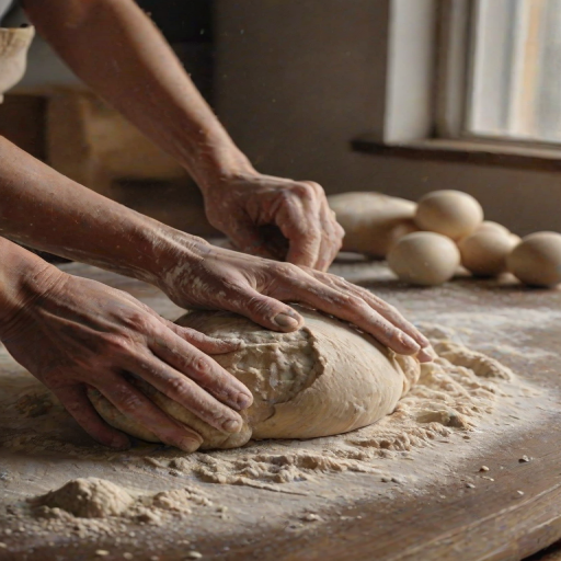 Close-up of a pair of hands kneading dough on a floured wooden surface, soft light from a nearby window illuminating the flour dust and the rolling pin resting beside the dough.