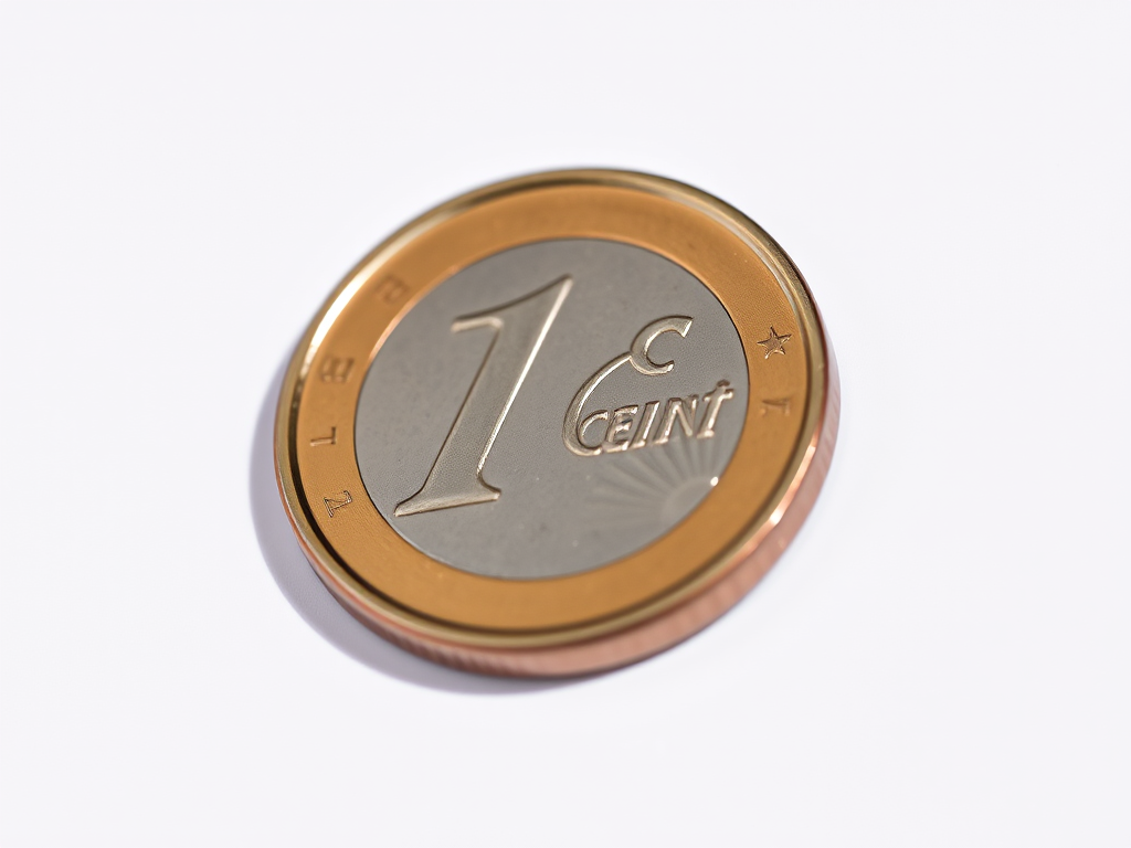 Close-up shot of a 1 cent euro coin on a white background, aperture f/2.8, ISO 100, shutter speed 1/200s, macro lens, DSLR camera, natural lighting to enhance details and reflections.