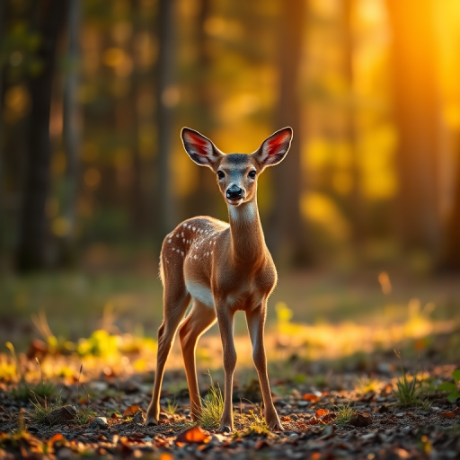 young deer standing in a sunlit forest clearing, shallow depth of field, f/2.8, 85mm lens, ISO 100, vibrant colors, golden hour lighting, portrait orientation, DSLR camera