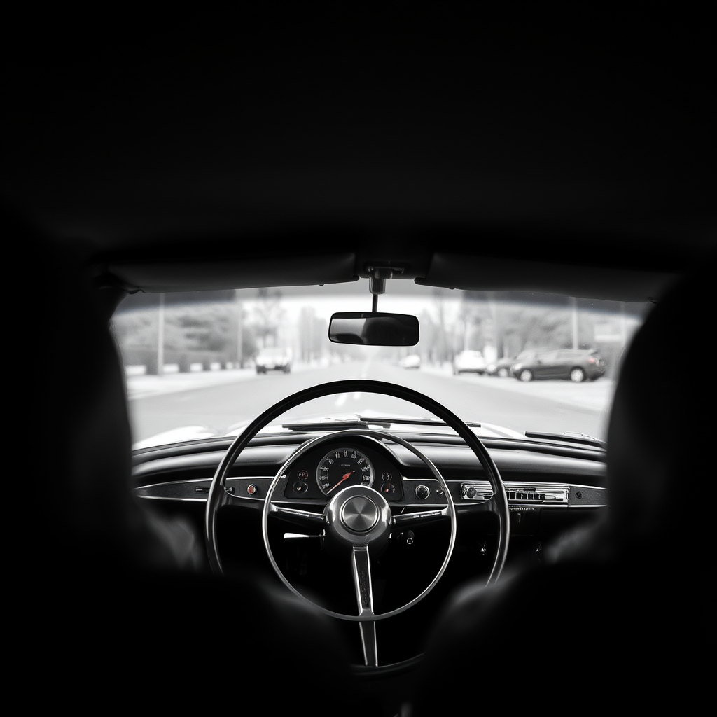Capture a high-resolution black and white image of a vintage car interior focused on the steering wheel and dashboard, using a DSLR camera at f/2.8 aperture, ISO 100, and a shutter speed of 1/60s, with a shallow depth of field to emphasize details, shot from the driver's seat angle to create an immersive perspective.