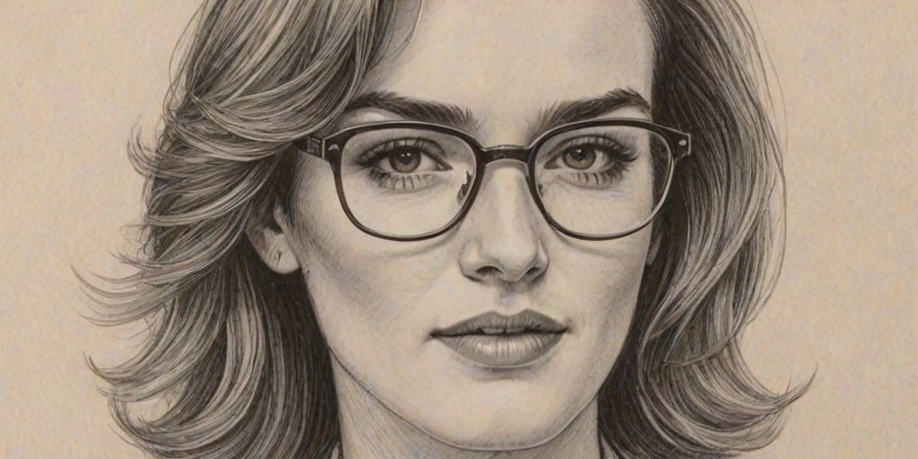 Comely Elizabeth Henstridge, pencil sketch, portrait of Splendid woman 1980s in glasses, hair style beatnik, outline, clear lines, fine lines, 8k
