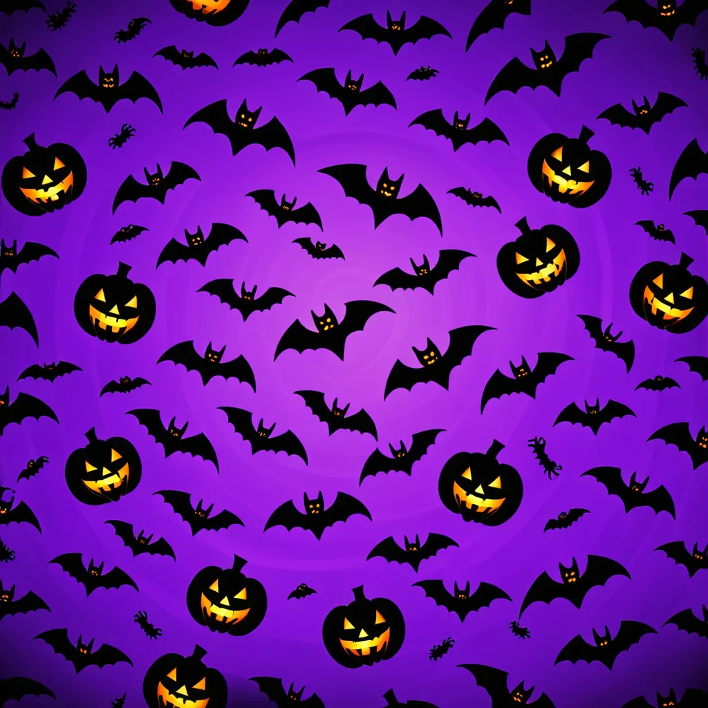 Spooky Halloween Background Featuring Bats and Jack-O'-Lanterns on Purple