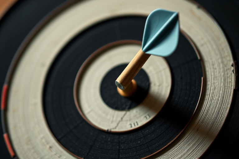 A close-up view of a dartboard with a bullseye, featuring a wooden arrow lodged in the center, shot with a DSLR camera, 50mm lens, f/1.8 aperture, ISO 100, 1/200 sec shutter speed, soft diffused lighting to enhance details and textures.