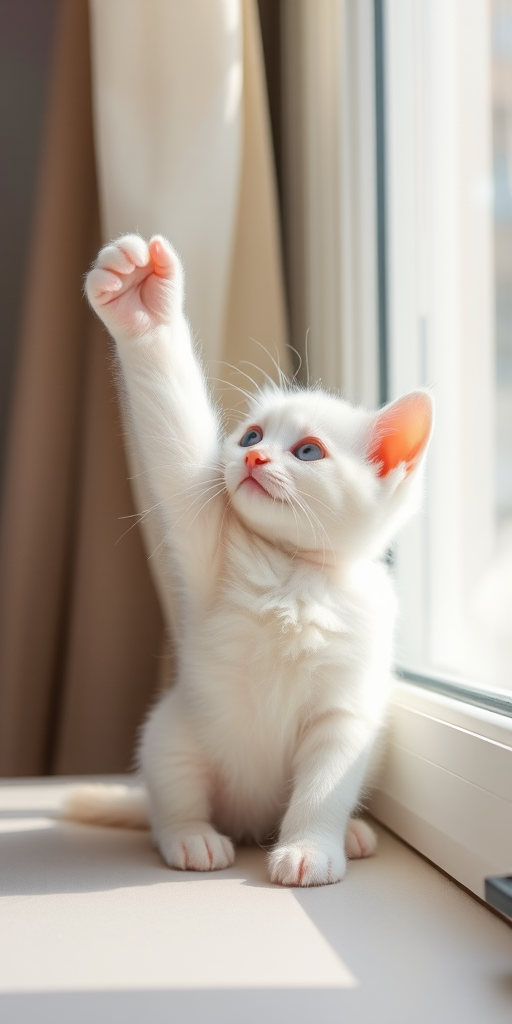 a cute white kitten reaching up towards a window with its paw while sitting on a light-colored surface, natural sunlight filtering through sheer curtains, focus on the kitten's expressive eyes and fluffy fur