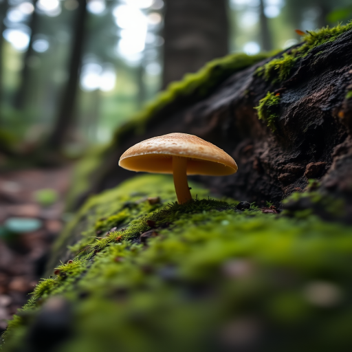 mushroom growing on mossy log in a forest setting with blurred background, soft focus, shot at f/2.8, ISO 100, 1/200 sec, macro lens, DSLR camera, natural light, low angle view