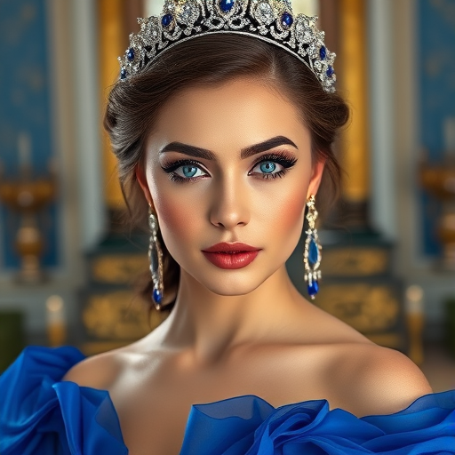 A gorgeous Turkish woman in a luxurious blue gown, accessorized with a dazzling tiara and statement earrings, her deep blue eyes highlighted by impeccable makeup, poised in a royal setting, photorealistic, 8K quality