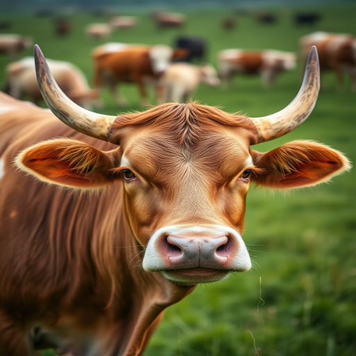close-up of a brown cow with prominent horns in a green field with blurred cows in the background, captured with a Canon EOS 5D Mark IV, 50mm lens, f/2.8 aperture, ISO 100, natural light, shallow depth of field