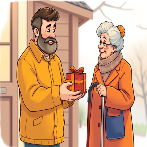 Create an illustration of a man giving a gift box to an elderly woman, the man has a beard and is wearing a yellow shirt, the woman is using a cane and wearing an orange coat, the scene conveys warmth and kindness, use a high-resolution digital art style, set camera settings to f/8, ISO 100, and 50mm lens, capture a frontal view, and apply soft lighting for a warm atmosphere.